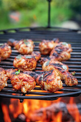 Tasty roasted chicken with herbs. Grill in garden.