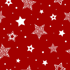 Fototapeta premium Seamless pattern with stars and snow on red background. Vector illustration.