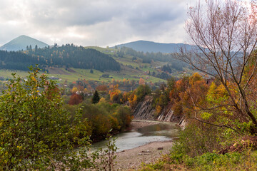 The mountain river flows in the autumn colored valley. Panorama of the village in the river canyon. Stratus clouds on a foggy day. Autumn landscape in the Ukrainian Carpathians - yellow and red trees.