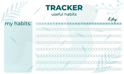 Modern tracker with green ellements. May Planner useful habits