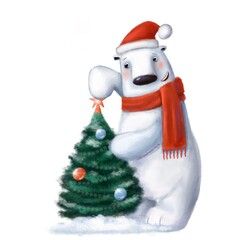 cute polar bear decorate Christmas tree, watercolor style illustration, funny clipart with cartoon character