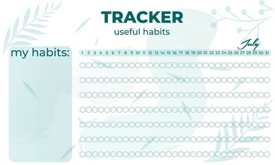 Modern tracker with green ellements. July Planner useful habits
