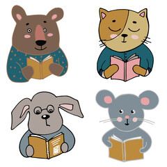 cliparts with reading animals, a portrait of an animal reading a book, a bear, a cat, a dog and a mouse