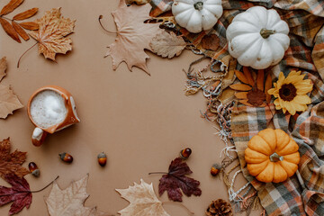 Autumn background decoration from dry leaves Flat lay, top view for Autumn, fall, Thanksgiving...