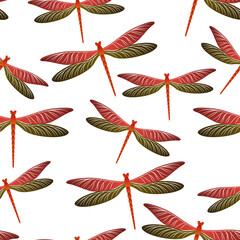 Dragonfly cool seamless pattern. Repeating clothes fabric print with darning-needle insects.