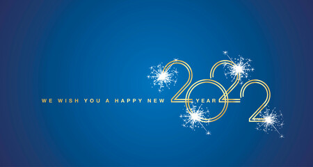 Obraz na płótnie Canvas We wish You a Happy New Year 2022 gold double line design numbers with white sparkle firework blue background