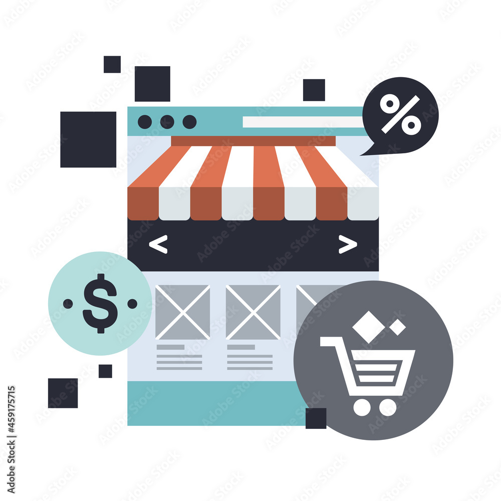 Wall mural on line shopping and payment methods. mobile payments. pay per click and online order. flat vector i