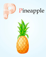 Kids banner with english alphabet letter P and cartoon image of tropical pineapple fruit with foliage.