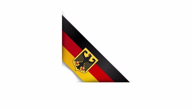 Realistic flag of Germany. Coat of arms of Germany. Animated corner ribbon of Germany flag. Alpha channel. Animation.