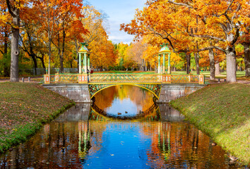 Chinese bridge in autumn in Alexander park, Pushkin (Tsarskoe Selo), Saint Petersburg, Russia