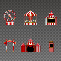 Set of funfair elements. isolated ferris wheel, carousel, stall, signboard, circus and tickets booth. luna park elements for carnival and holidays backgrounds © Angelica
