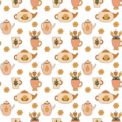 Cups and teapots with garden flowers. Vector seamless pattern in peach colors