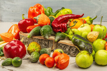 Trendy ugly organic vegetables and fruits on stone concrete background