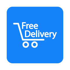 Logotipo con texto Free Delivery con silueta de carrito de la compra con lineas en cuadrado color azul