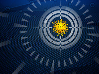 Virus is detected on dark hi-tech background during research. Illustration.