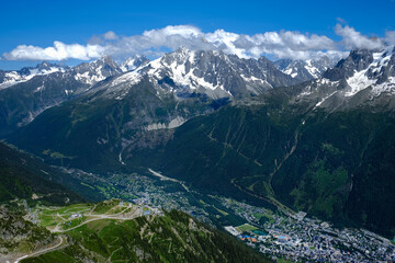 Mont Blanc massif, Bossons and Taconnaz Glaciers and Chamonix Valley seen from Brevent mountains, Chamonix , Haute Savoie, France