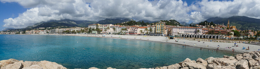Fototapeta premium Extra wide view of the seafront of Menton