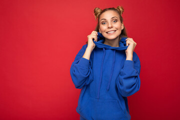 Photo of young charming beautiful attractive happy smiling delightful blonde woman with two horns...