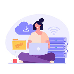 Cloud technology. Woman storing data on cloud server. Concept of cloud computing, online database, web hosting, web data center.  Vector illustration for web banner, infographics, mobile app