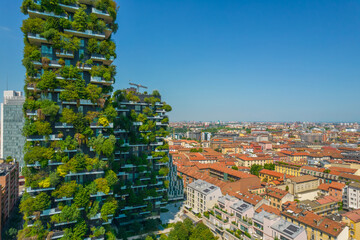 Aerial view of Vertical forest (Bosco Verticale) building in Milan. Residential buildings with many...