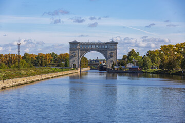Gateway on the Volga river for adjusting the water level in the riverbed. Built in 1941. Sunny autumn day. Uglich, Russia
