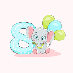 Obraz na płótnie Canvas Cute baby elephant with number eight and balloons for the eighth month or eighth year. Vector character. Beautiful cartoon element for kids birthday invitations, greeting cards 