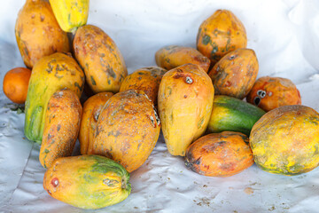 Rotten, spoiled melons lie on a light paper background.