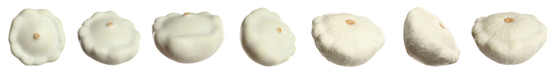 Set with fresh ripe pattypan squashes on white background. Banner design