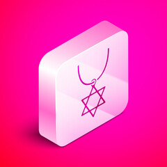 Isometric Star of David necklace on chain icon isolated on pink background. Jewish religion symbol. Symbol of Israel. Jewellery and accessory. Silver square button. Vector