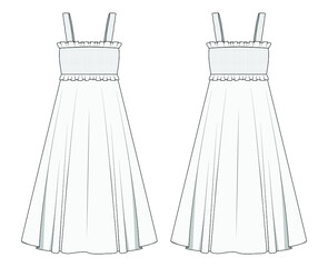 Women Smocked Strappy Flared Dress Front and Back View. fashion illustration vector, CAD, technical drawing, flat drawing.