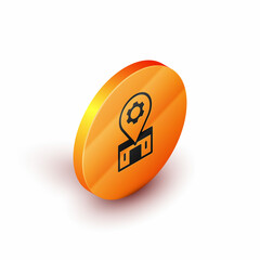 Isometric Bicycle repair service icon isolated on white background. Orange circle button. Vector