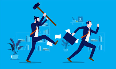Angry businessman chasing man with a sledge hammer. Business revenge and anger concept. Vector illustration - obrazy, fototapety, plakaty