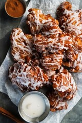 Homemade Apple fritters topped white glaze drizzle, selective focus