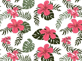  Tropische hibiscus bloem ontwerppatroon, tropische vector patroon. © Deti