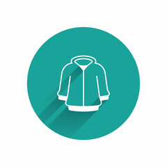White Hoodie icon isolated with long shadow background. Hooded sweatshirt. Green circle button. Vector