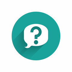 White Speech bubble chat icon isolated with long shadow background. Message icon. Communication or comment chat symbol. Green circle button. Vector