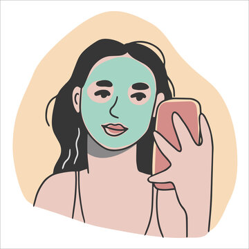 Woman with a cosmetic mask on her face taking a selfie. Hand drawn vector illustration