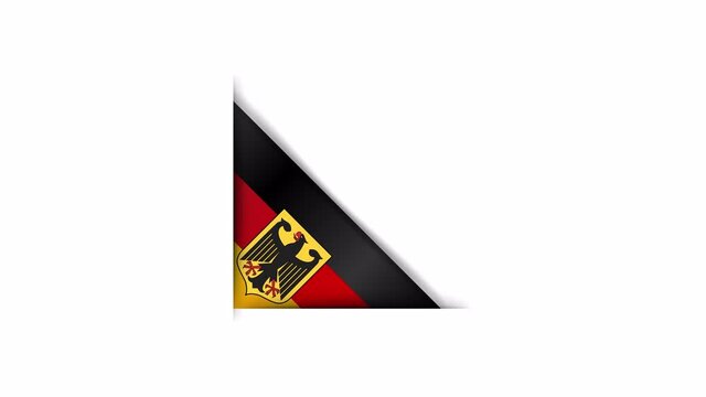 Realistic flag of Germany. Coat of arms of Germany. Animated corner ribbon of Germany flag. Alpha channel. Animation.
