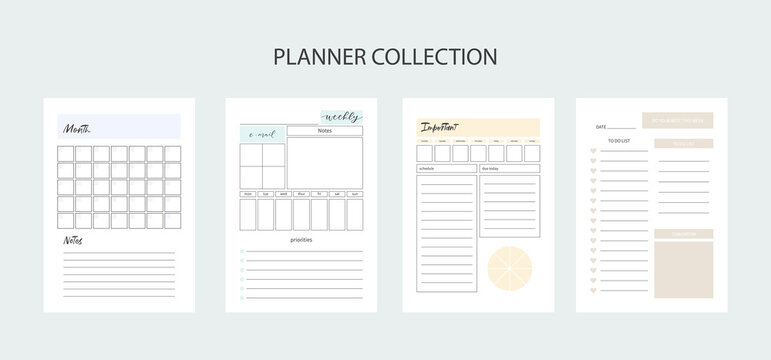 Collection of planners for life and business, planner sheets, organizer for personal and work issues