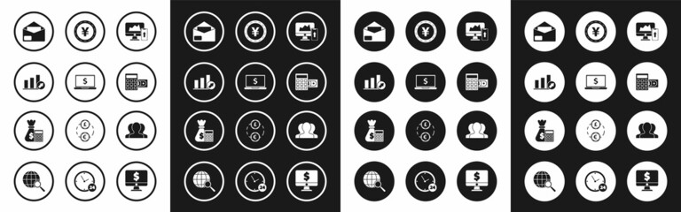 Set Financial chart or graph on the computer monitor and mobile phone, schedule, chart, diagram, infographic, pie, Envelope, Calculator, Coin money Yen, Users group and bag icon. Vector