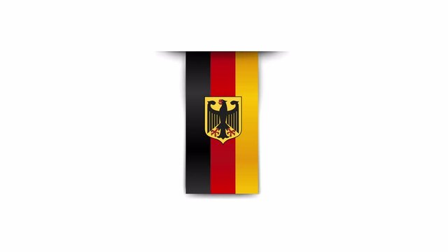 Realistic flag of Germany. Coat of arms of Germany. Animated vertical banner of Germany flag. Alpha channel. Animation.