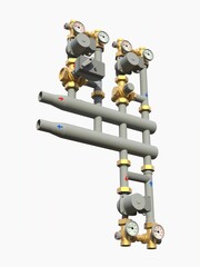 3d model of an industrial pump and pipe section with shut off valves on a white isolated background. 3d illustration