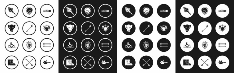 Set Sniper optical sight, Flame arrow, Hunting dog, Hipster tip, on moose with crosshairs, Bear head shield, arrows and Trap hunting icon. Vector
