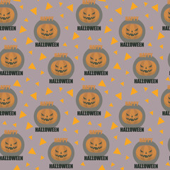 Brown light happy halloween festive with orange pumpkin head seamless pattern
