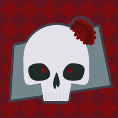 Big simple cute white skull with red flower vector illustration