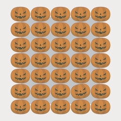 Many simple orange halloween pumpkin head lamp on light brown background vector illustration