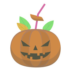 Pumpkin halloween orange head with cocktail straw and autumn leaves vector illustration