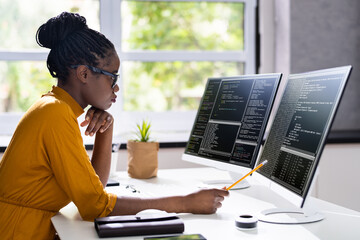 African American Woman Programmer. Girl Coding
