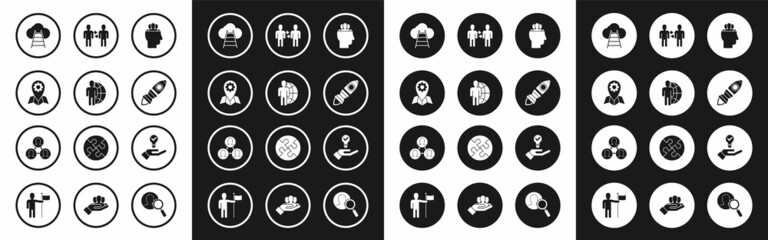 Set Project team base, Globe and people, Location job, Ladder leading to cloud, Rocket ship with fire, Light bulb hand and icon. Vector