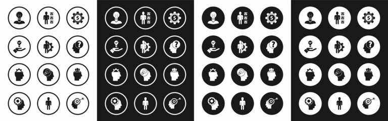 Set Gear with dollar symbol, Human gear inside, Light bulb hand, head lamp, question mark, User of business suit, Project team base and icon. Vector